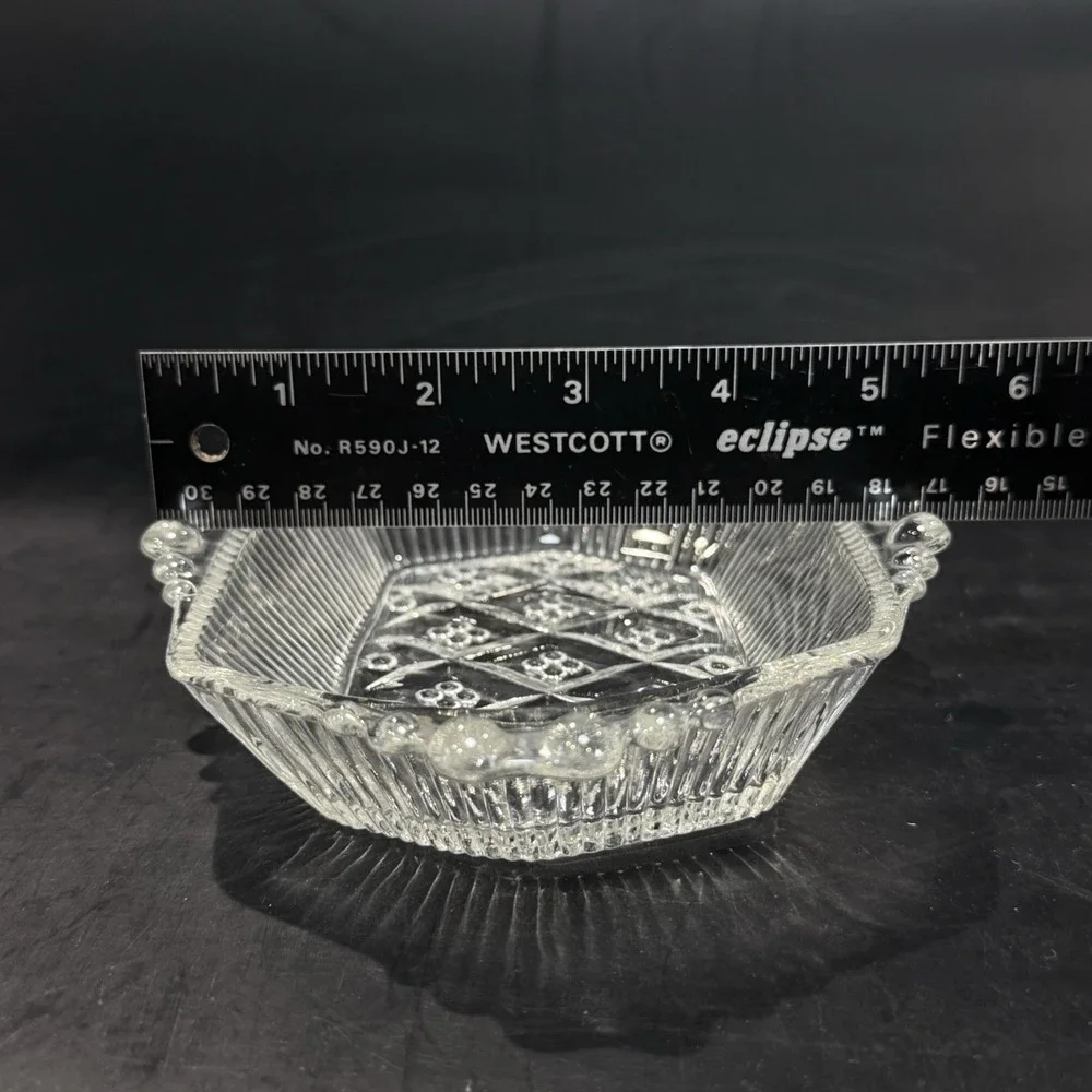 Vintage Anchor Hocking Beaded Block Clear Depression Glass Dish‎ w Handles